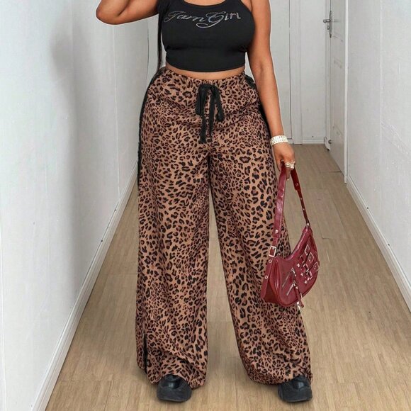 Multicolor Casual Women's Versatile Leopard Pants plus size curve - Picture 5 of 7